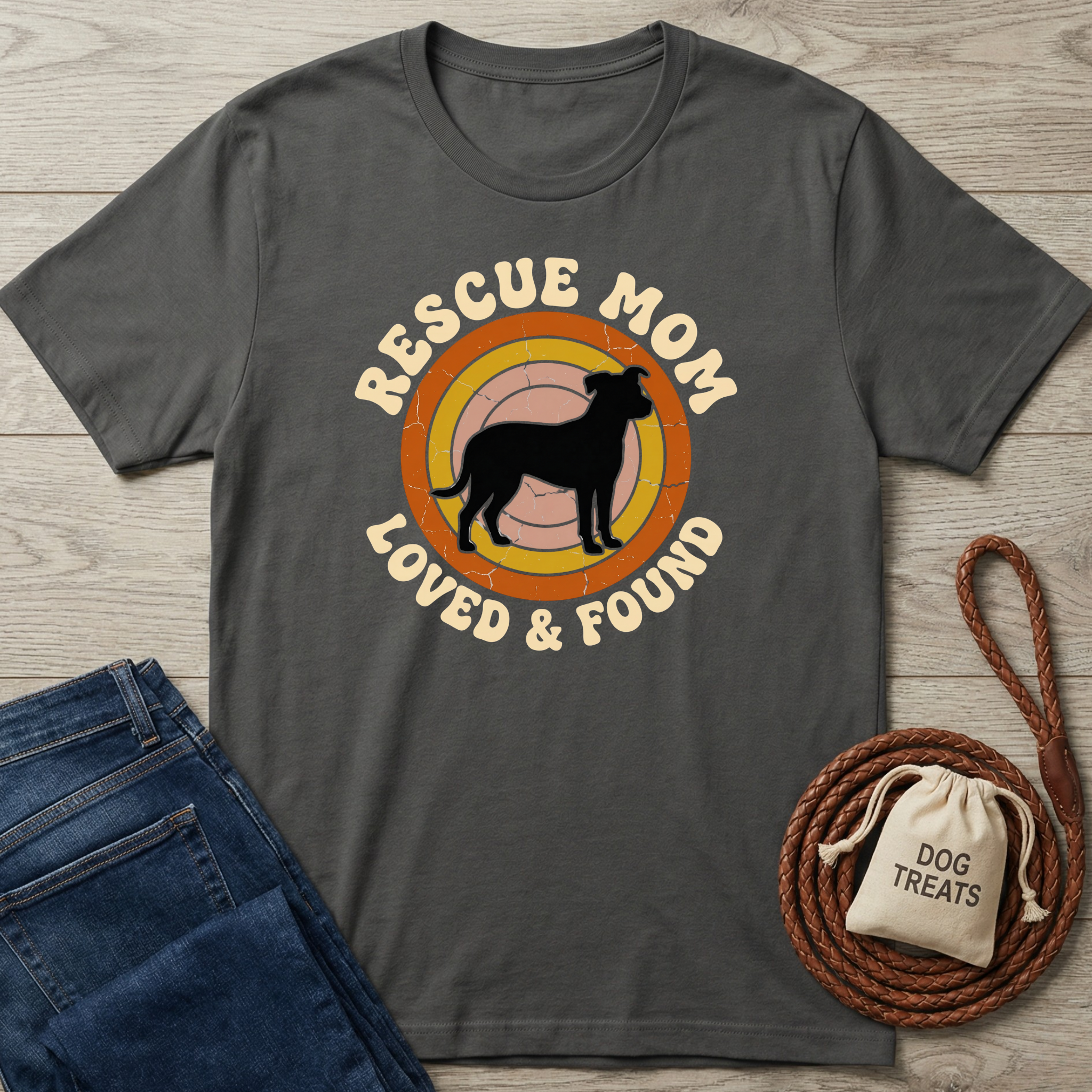 Gray t-shirt with 'Rescue Mom Loved & Found' design on a wooden surface with jeans and a dog treat bag.