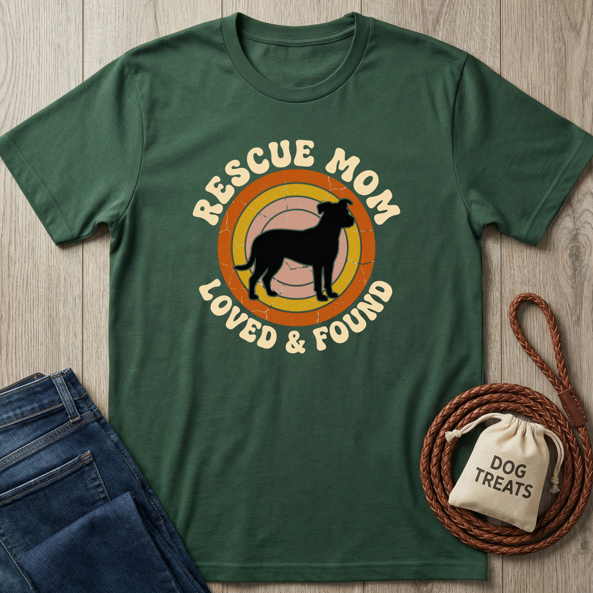 Green t-shirt with 'Rescue Mom Loved & Found' design on a wooden surface with jeans and a dog treat bag.