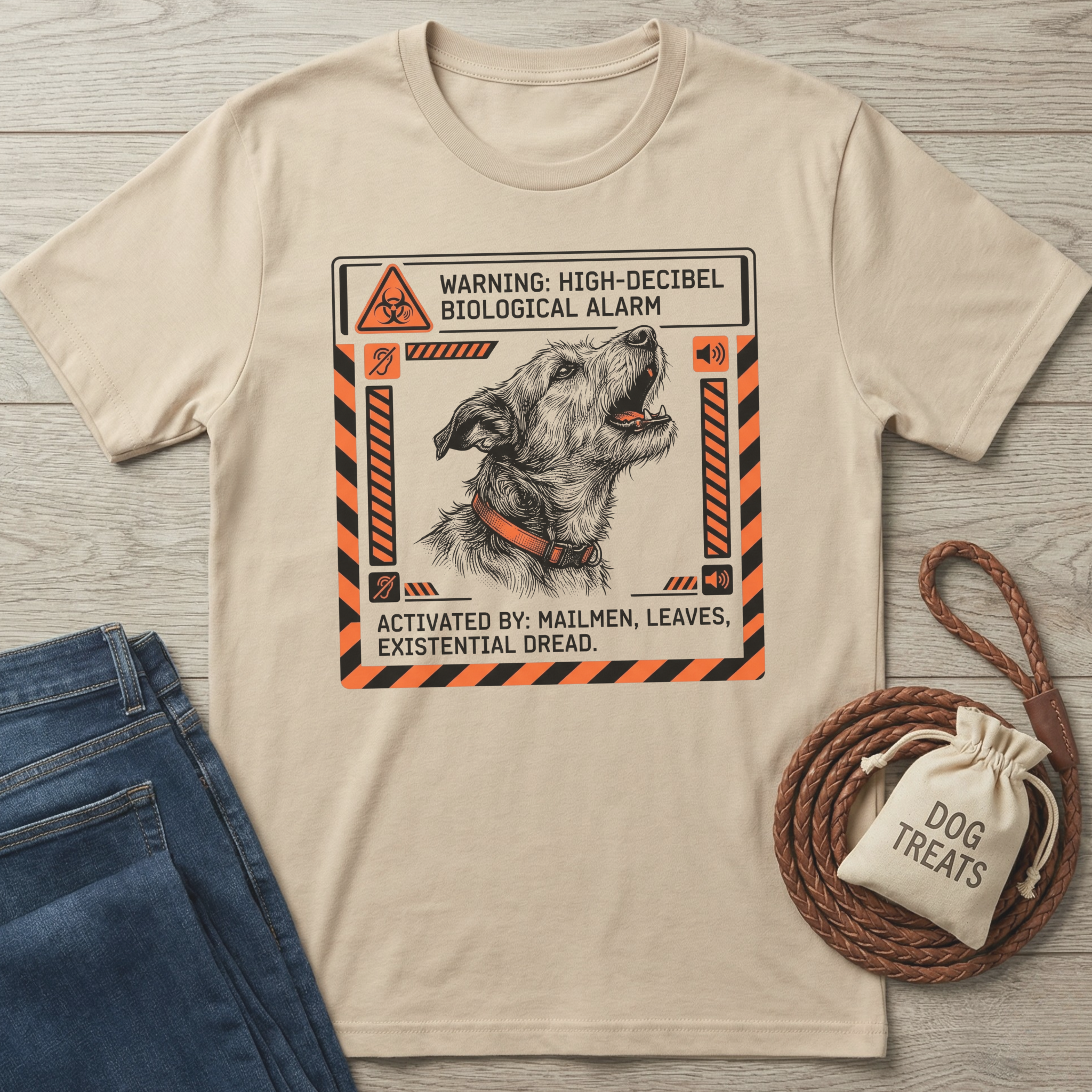 Beige t-shirt with a dog graphic and warning label on a wooden surface, accompanied by a dog leash and treat bag.