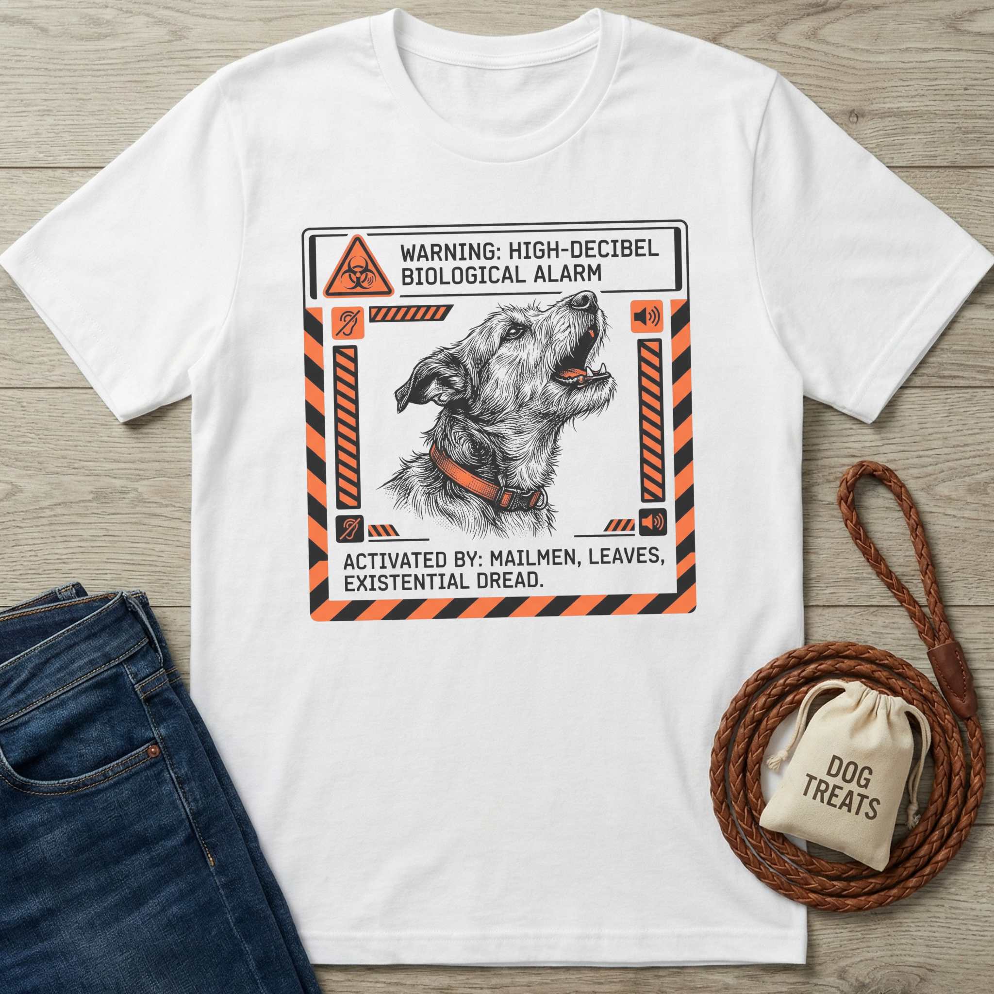 White t-shirt with a graphic of a dog and warning label, paired with jeans and a dog treat bag on a wooden surface.