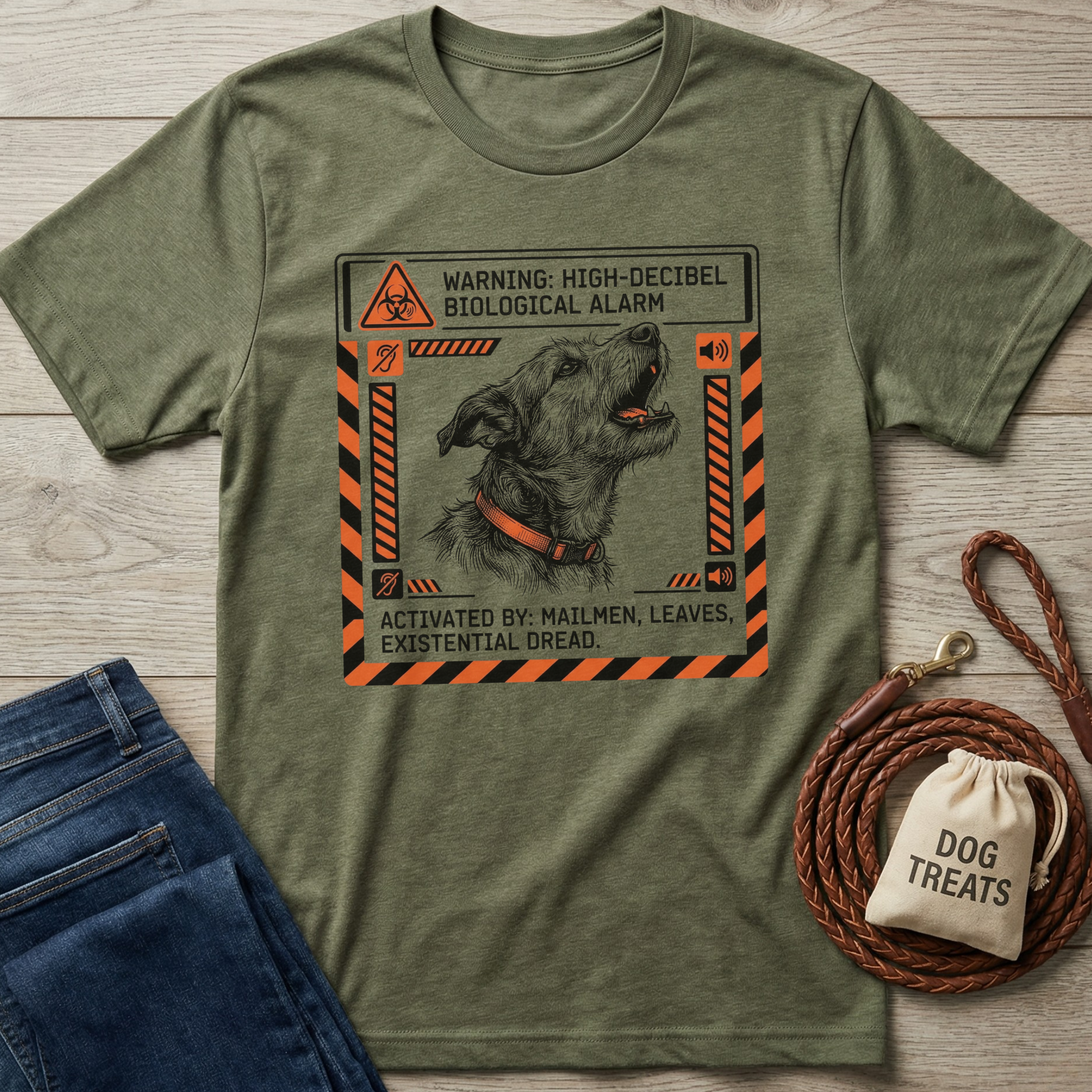 Green t-shirt with a dog-themed graphic on a wooden surface with jeans and a dog treat bag.