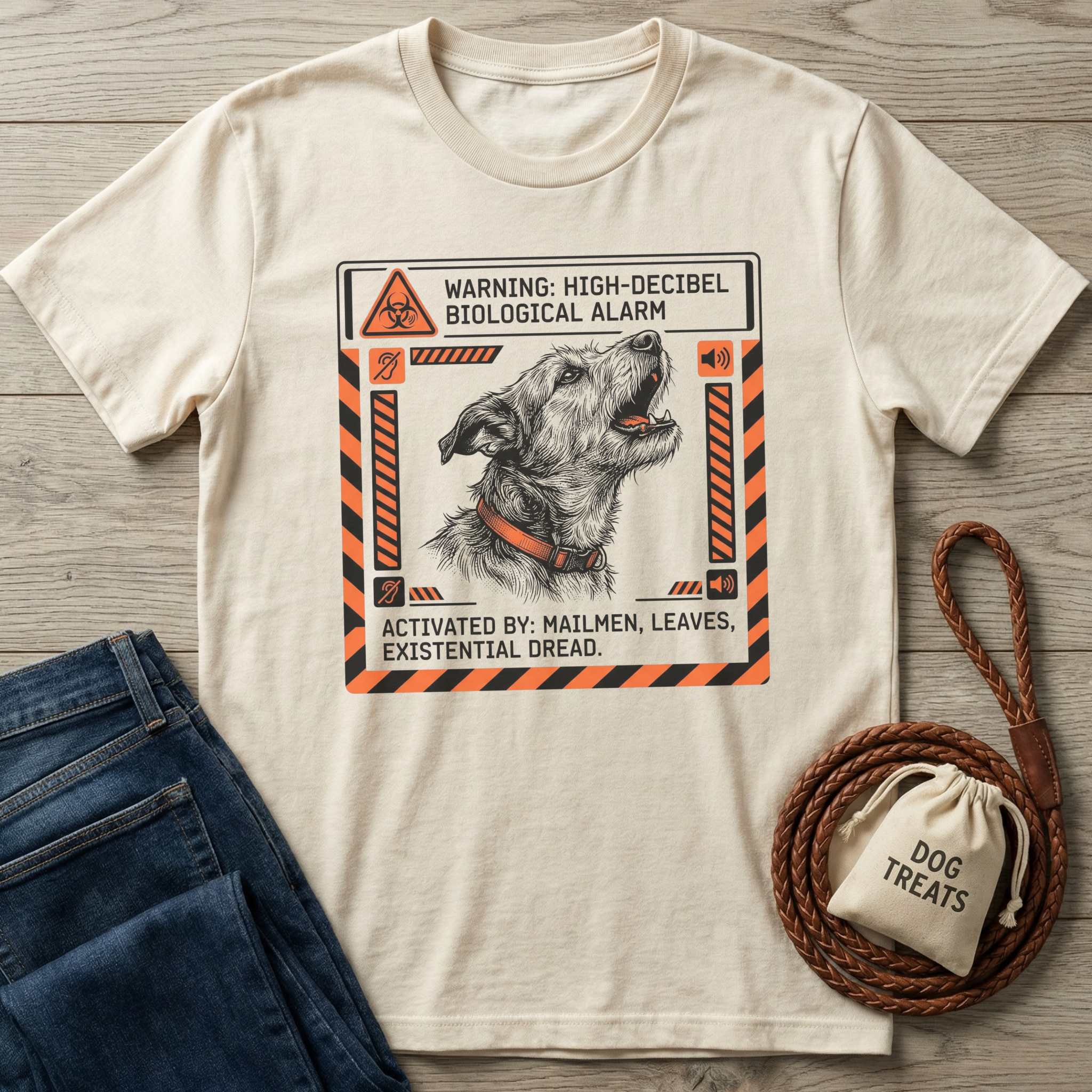 Beige t-shirt with a dog graphic and text on a wooden surface with jeans and a dog treat bag.