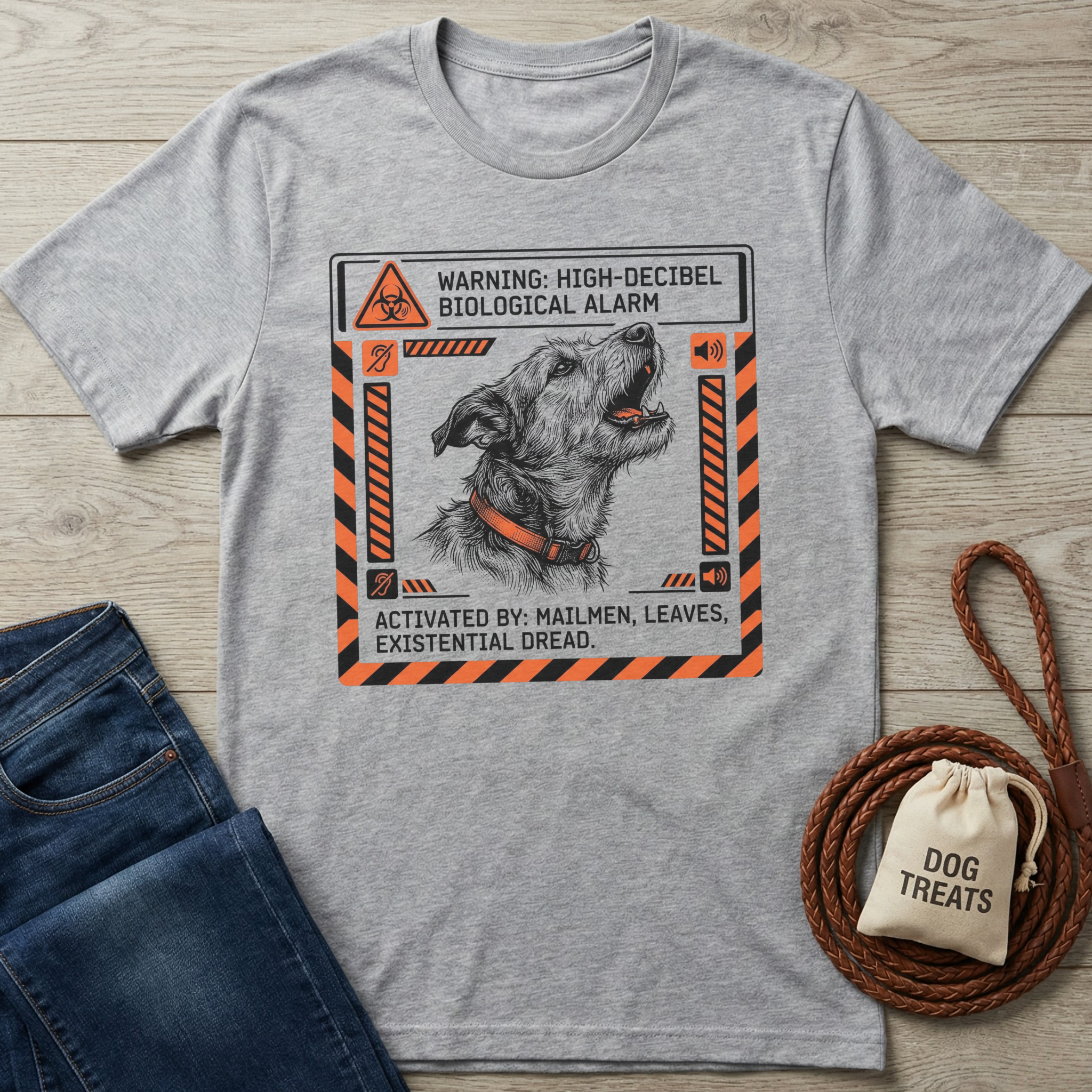 Gray t-shirt with a dog graphic and humorous text on a wooden surface with jeans and a dog treat bag.