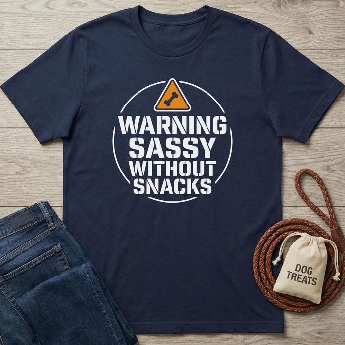 Navy blue cotton t-shirt with "WARNING SASSY WITHOUT SNACKS" text and a bone icon.