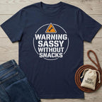Navy blue cotton t-shirt with "WARNING SASSY WITHOUT SNACKS" text and a bone icon.