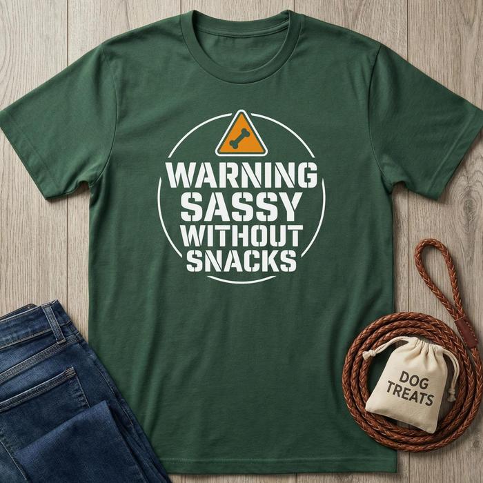 Dark green cotton t-shirt with "WARNING SASSY WITHOUT SNACKS" text and a dog bone icon.