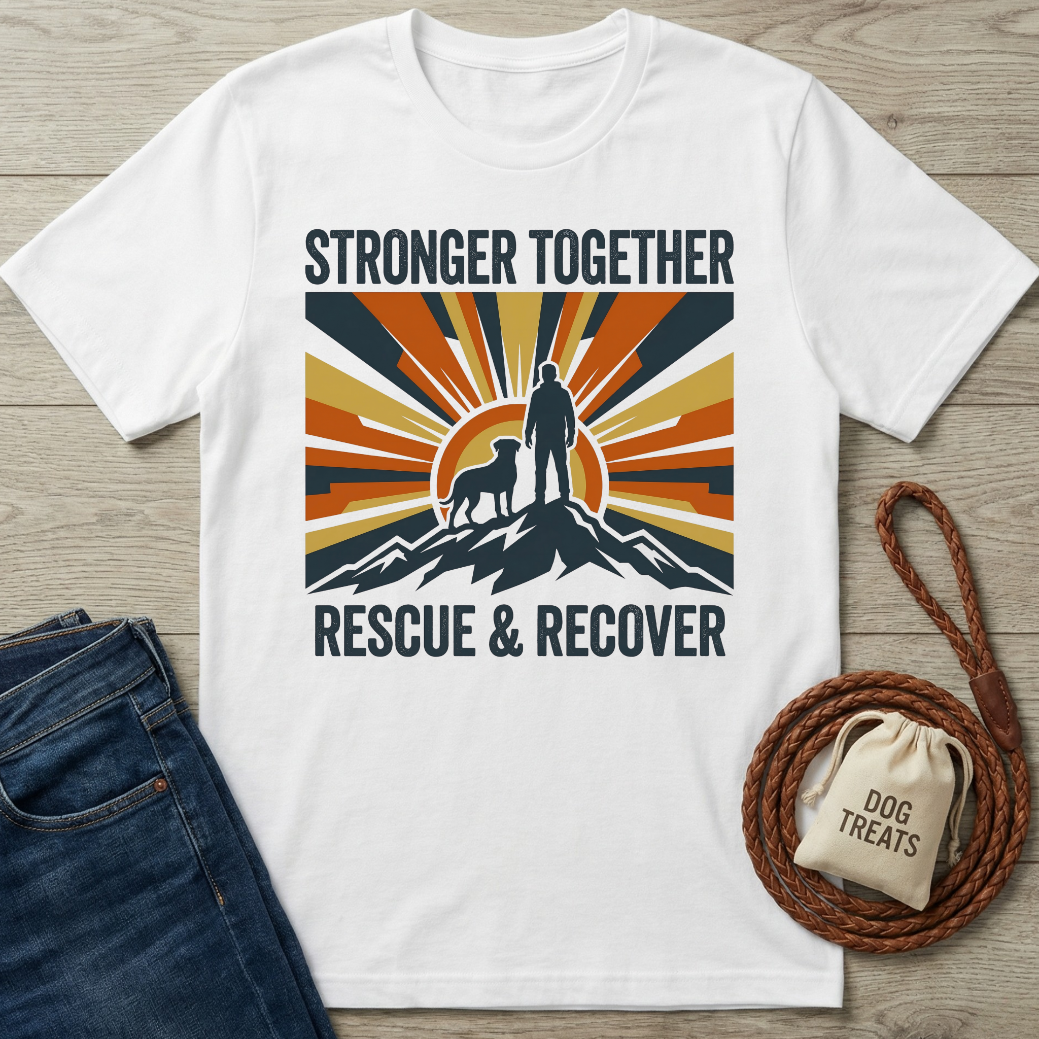 White cotton t-shirt with "Stronger Together Rescue & Recover" text and a graphic of a person and dog on a mountain.
