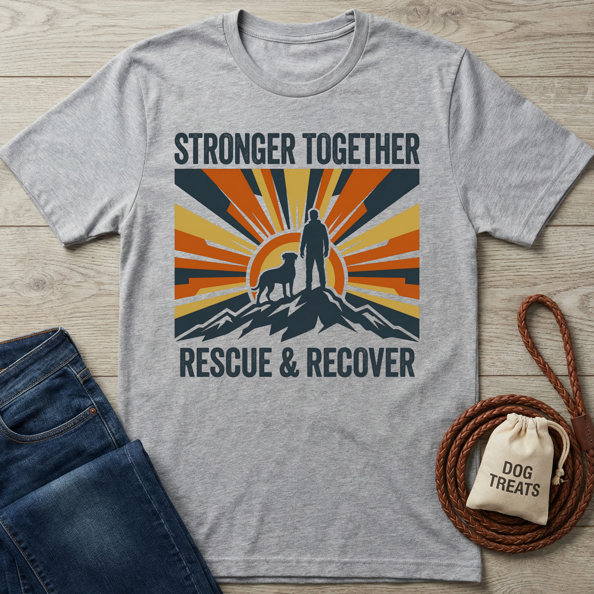 Gray "Stronger Together Rescue & Recover" t-shirt with a graphic of a person and dog on a mountain.