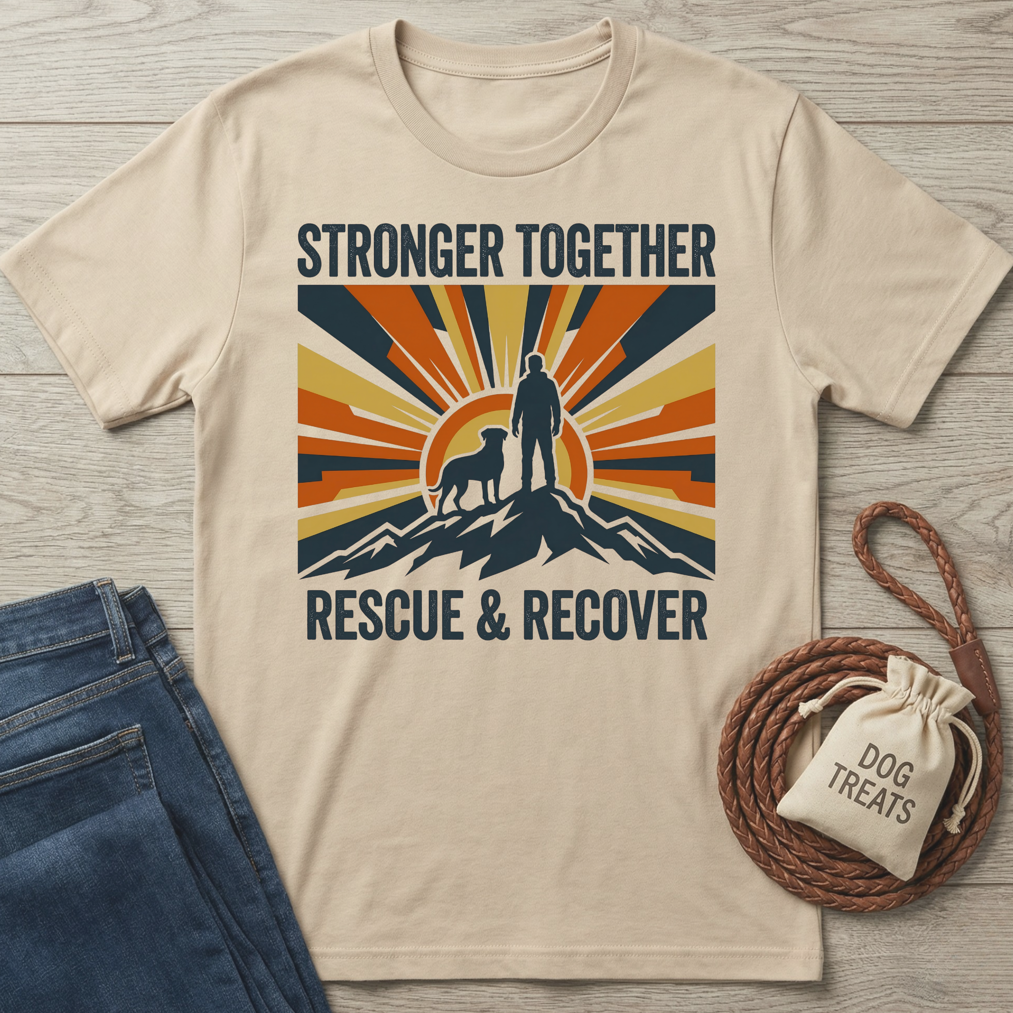 Stronger Together T-shirt: beige cotton tee with a graphic of a person and dog on a mountain, "Rescue & Recover" text.