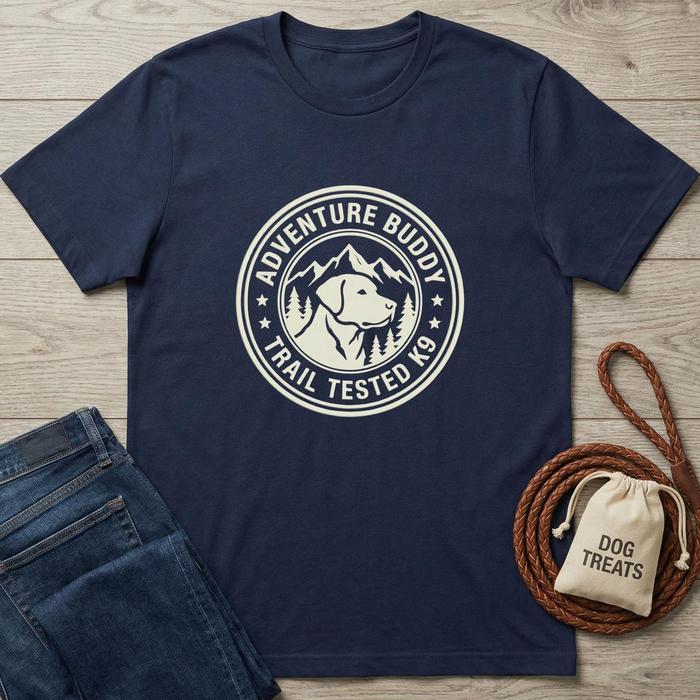 Navy blue cotton "Adventure Buddy Trail Tested K9" t-shirt with a dog and mountains design, next to jeans and dog treats.