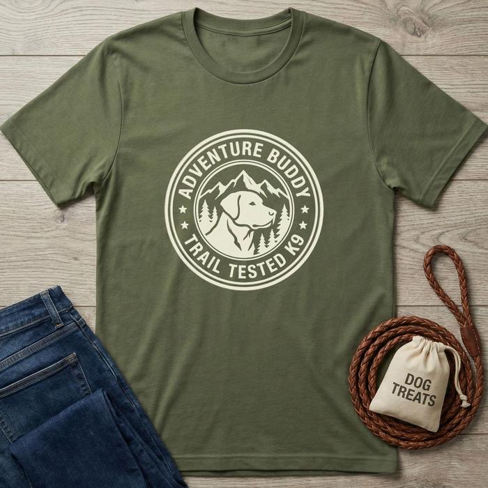 Olive green Adventure Buddy T-shirt with a white "Trail Tested K9" dog and mountain graphic.