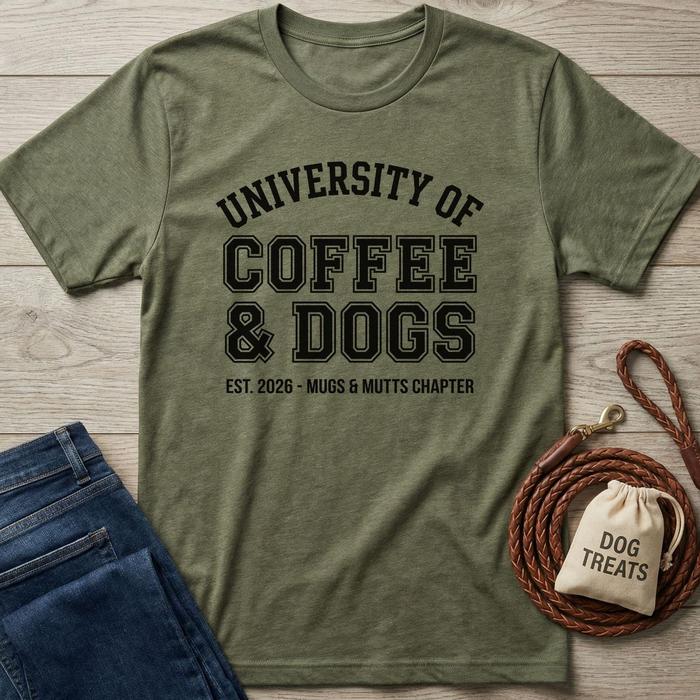 Olive green t-shirt with "University of Coffee & Dogs" graphic, next to jeans and dog treats.