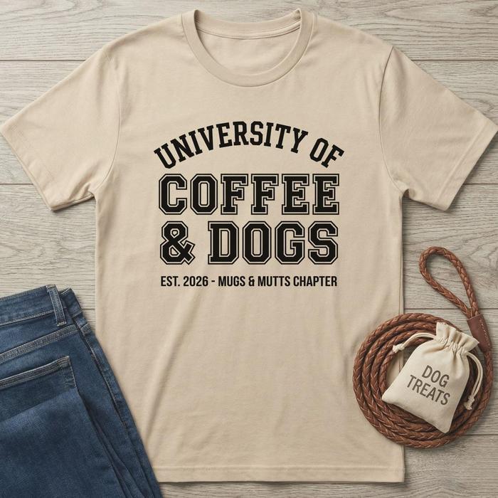 Beige cotton t-shirt with "University of Coffee & Dogs" black text, next to jeans and dog treats.