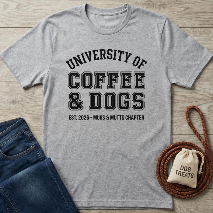 Heather gray t-shirt with "University of Coffee & Dogs" graphic, next to jeans, a leash, and dog treats.