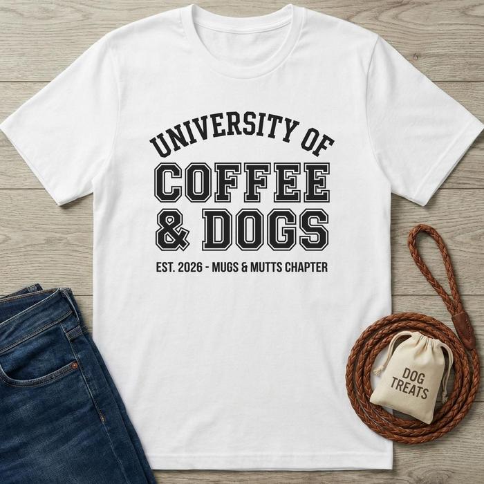 White cotton t-shirt with "University of Coffee & Dogs" graphic, next to jeans and a dog leash.