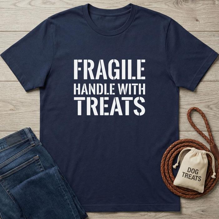 Navy blue cotton t-shirt with "FRAGILE HANDLE WITH TREATS" in white text, next to jeans and a dog treat bag.