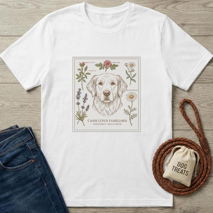 White cotton t-shirt with a detailed graphic of a golden retriever surrounded by various flowers.