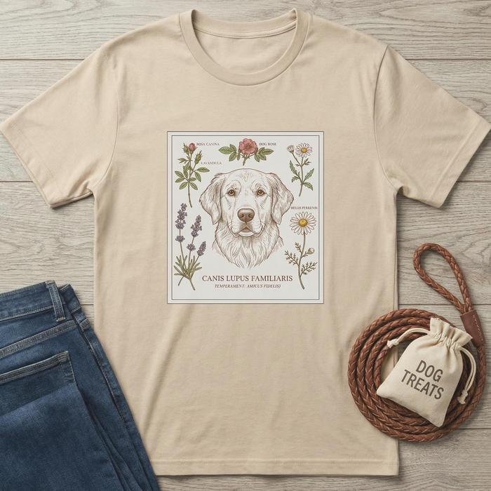Beige cotton t-shirt with a detailed golden retriever and botanical flower design, next to jeans and a dog treat bag.