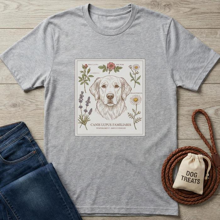 Gray cotton t-shirt with a detailed botanical illustration of a Golden Retriever surrounded by flowers.
