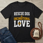 Black cotton t-shirt with "RESCUE DOG = UNCONDITIONAL LOVE" text and paw print heart design.