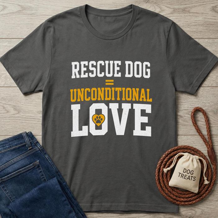 Charcoal gray "Rescue Dog = Unconditional Love" t-shirt with white and orange text, featuring a paw print heart.
