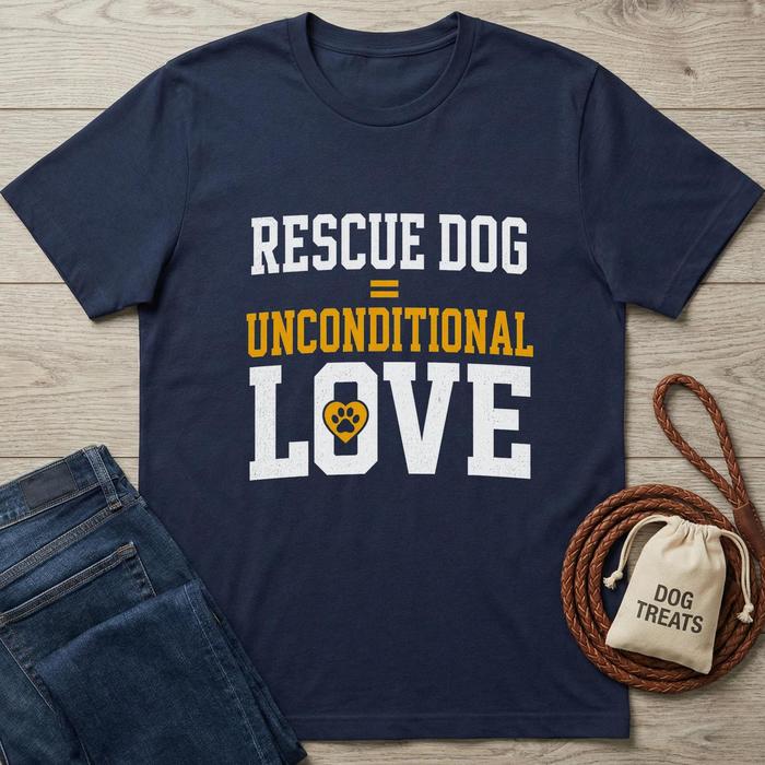 Navy blue cotton t-shirt with "RESCUE DOG = UNCONDITIONAL LOVE" text and a paw print heart.