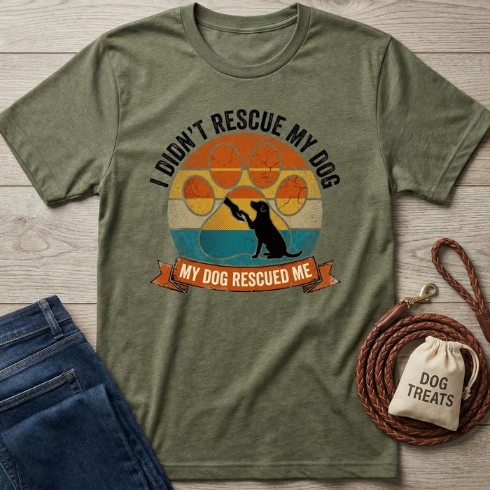 Olive green "My Dog Rescued Me" t-shirt with a vintage sunset paw print design and a dog silhouette.