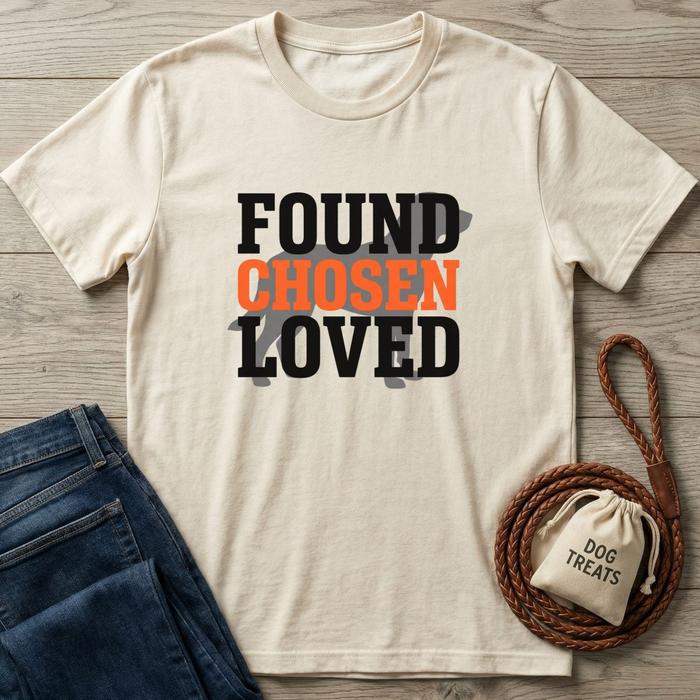 Cream "Found Chosen Loved" T-shirt with a subtle dog silhouette, paired with jeans and dog treats.