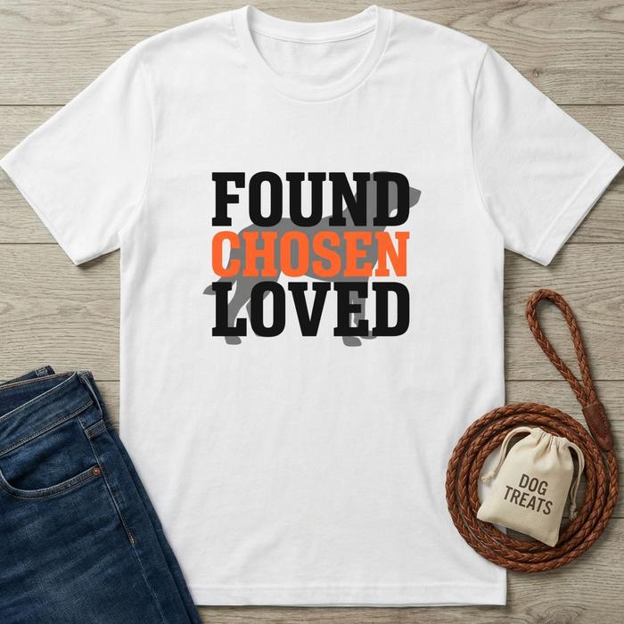 White cotton t-shirt with "FOUND CHOSEN LOVED" text and dog silhouette, next to jeans and dog treats.