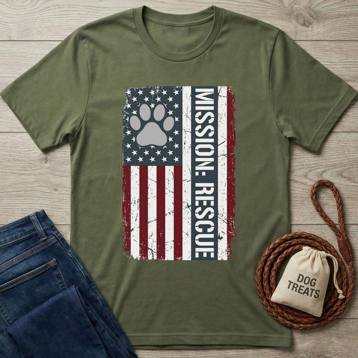 Olive green Mission: Rescue T-shirt with distressed American flag and paw print design.
