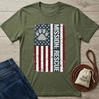 Olive green Mission: Rescue T-shirt with distressed American flag and paw print design.