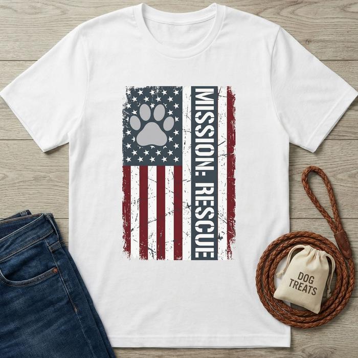White cotton Mission: Rescue T-shirt with distressed American flag and paw print design.