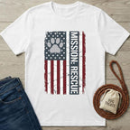 White cotton Mission: Rescue T-shirt with distressed American flag and paw print design.