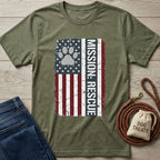 Olive green Mission: Rescue t-shirt with distressed American flag design and paw print.