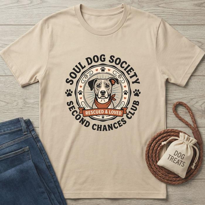 Beige cotton "Soul Dog Society" t-shirt with a graphic of a pit bull wearing a red bandana, surrounded by paw prints.