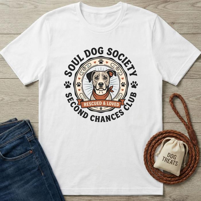 White cotton t-shirt with "Soul Dog Society Second Chances Club" logo featuring a dog wearing a red bandana.