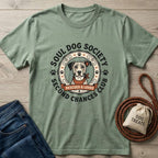 Green Second Chance Club T-shirt with a "Soul Dog Society" graphic featuring a pit bull in a bandana.