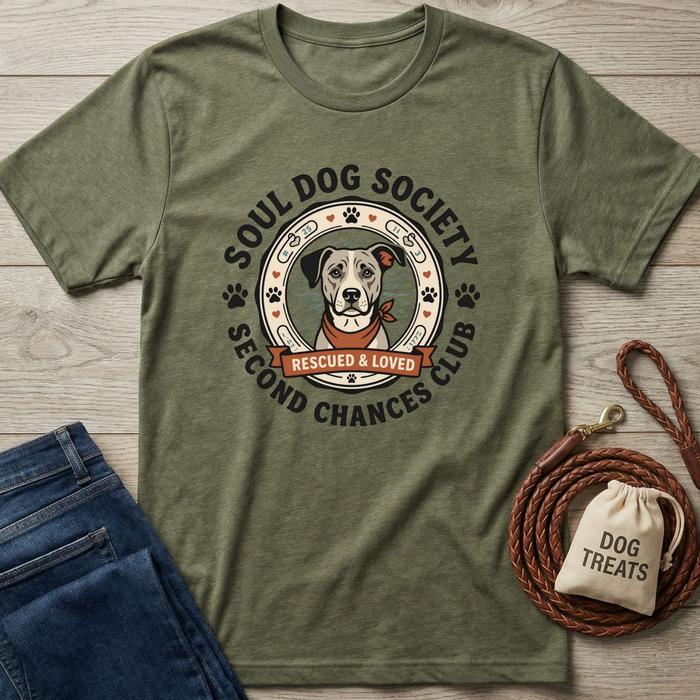Olive green "Soul Dog Society Second Chances Club" t-shirt with a gray dog wearing a red bandana.