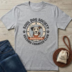 Gray cotton t-shirt with "Soul Dog Society Second Chances Club" logo featuring a dog in a bandana.