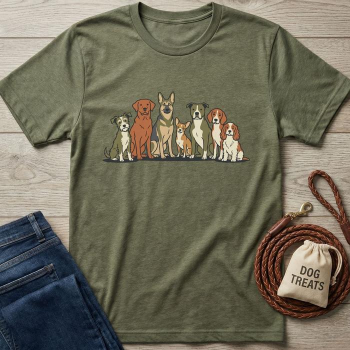 Olive green heather t-shirt featuring a graphic of seven diverse dog breeds in a line.