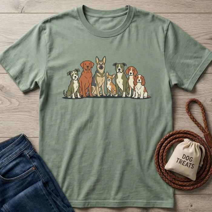 Sage green cotton t-shirt with a graphic of eight diverse dog breeds in a line.