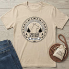 Beige cotton Second Chance League T-shirt with a black and white dog rescue graphic.