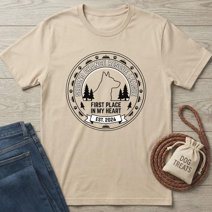 Beige cotton Second Chance League T-shirt with a black and white dog rescue graphic.