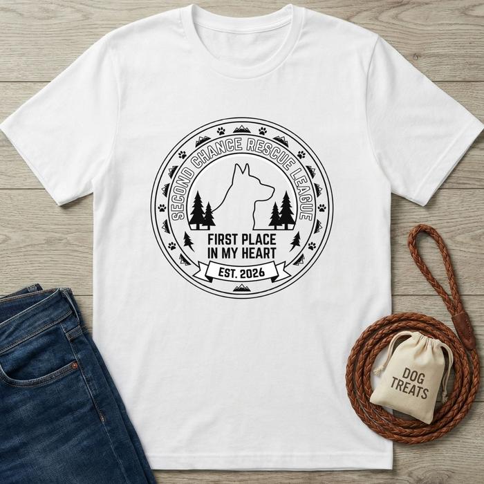 White cotton "Second Chance Rescue League" t-shirt with a black dog silhouette design, next to jeans and dog treats.