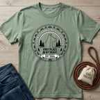 Sage green cotton t-shirt with "Second Chance Rescue League" dog and forest graphic.