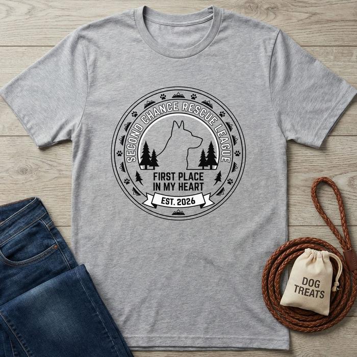Gray cotton Second Chance Rescue League T-shirt with a black dog silhouette logo, on a wooden background.