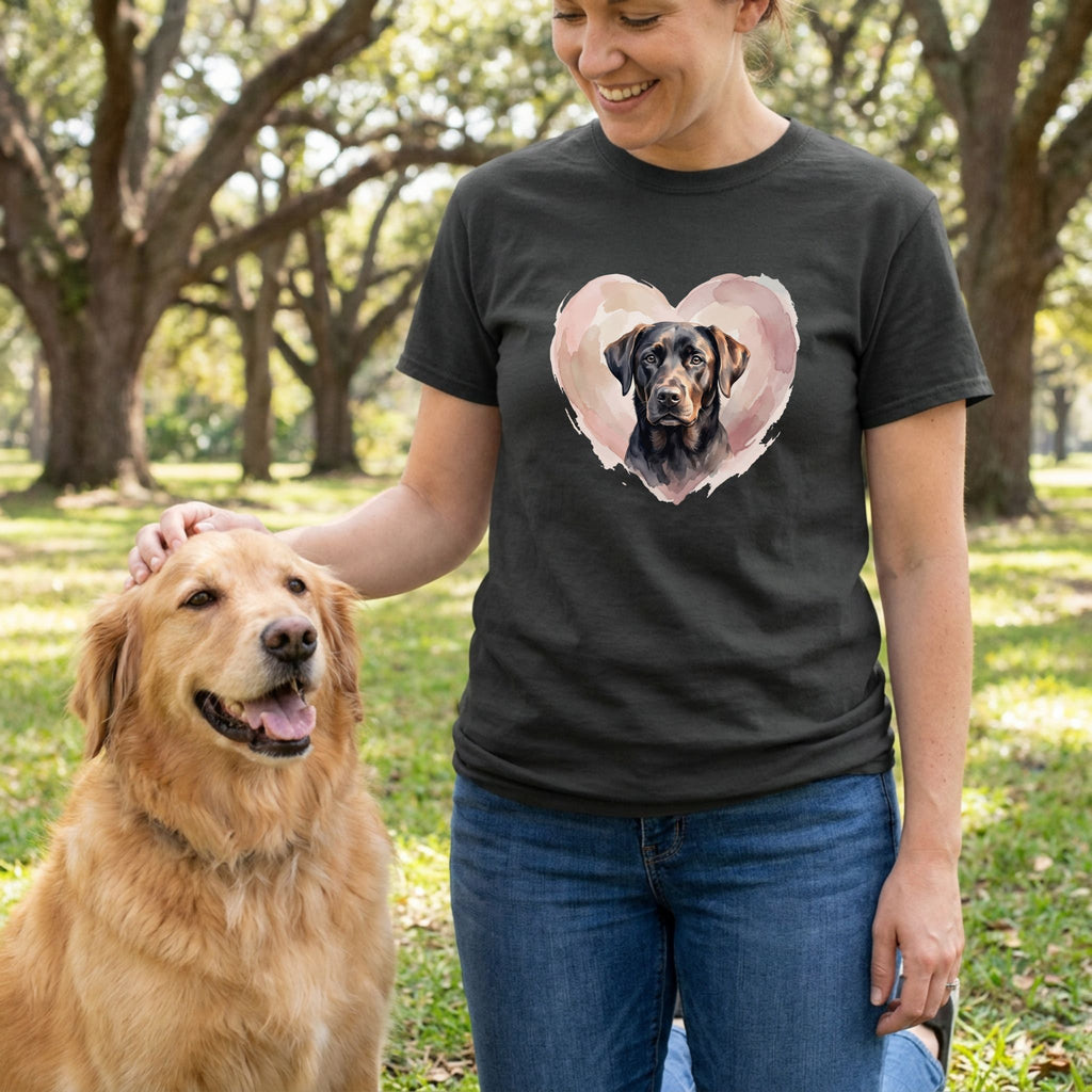 Woman in a black Gildan Softstyle tee with a black lab in a heart graphic, petting a golden retriever.
