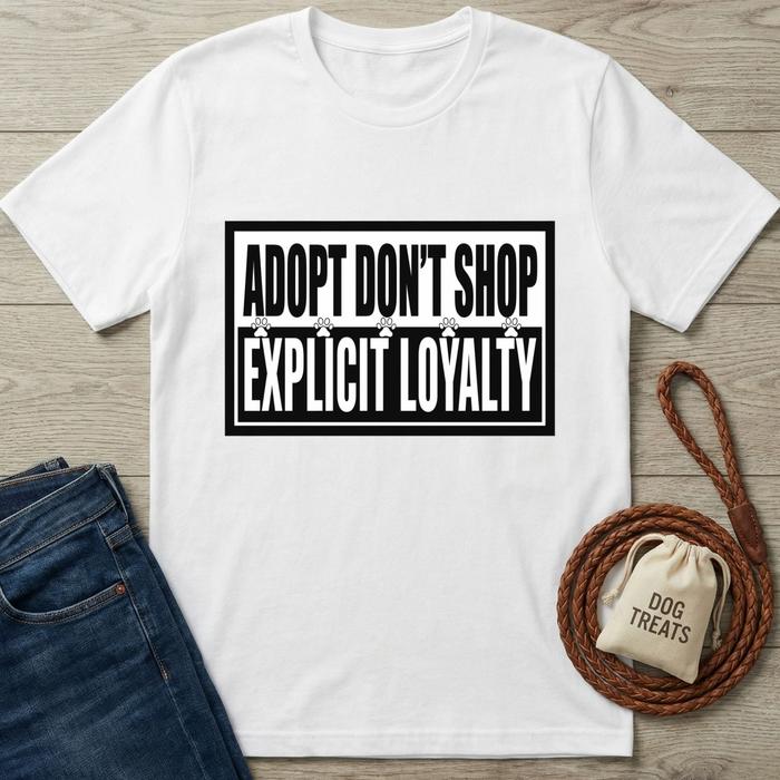 White cotton t-shirt with "ADOPT DON'T SHOP EXPLICIT LOYALTY" text, paw prints, jeans, and dog treats.