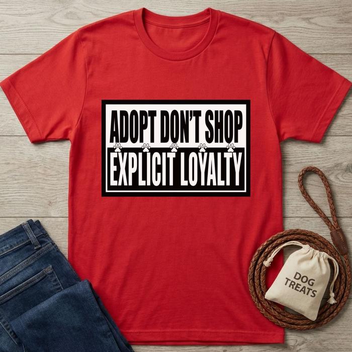 Red cotton t-shirt with "ADOPT DON'T SHOP EXPLICIT LOYALTY" text and paw prints.