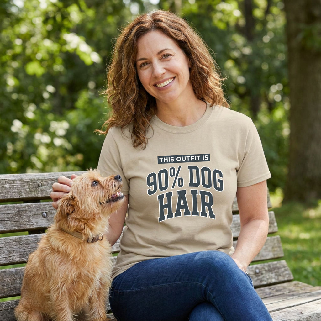 Smiling woman in a tan "90% Dog Hair" t-shirt petting a small brown dog on a park bench.
